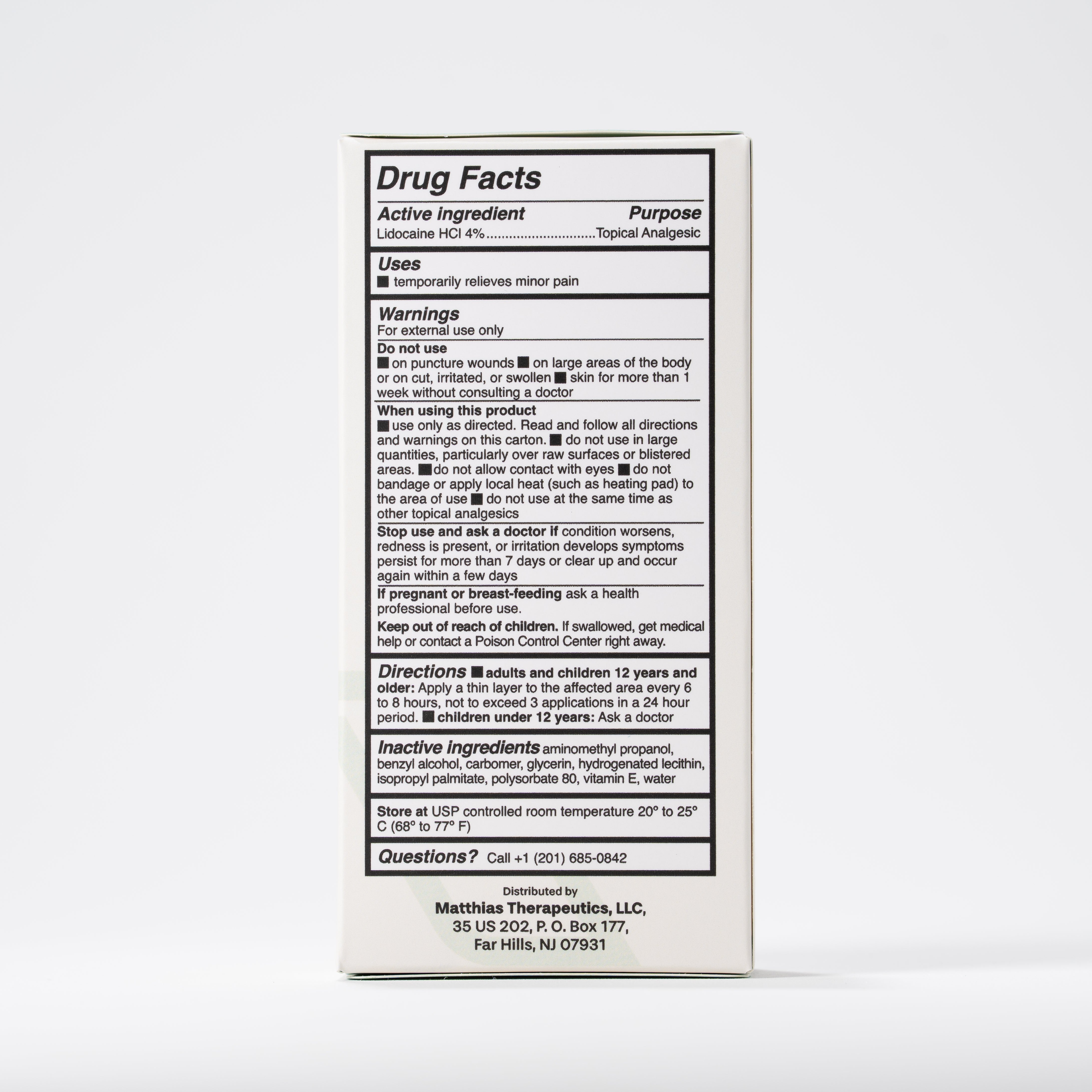 Drug Facts panel on the side of a Matthias Lidocaine HCl 4% Cream box, identical layout to Image 3, shown against a light gray background with a "Click image to set focal point" UI element visible at the bottom.