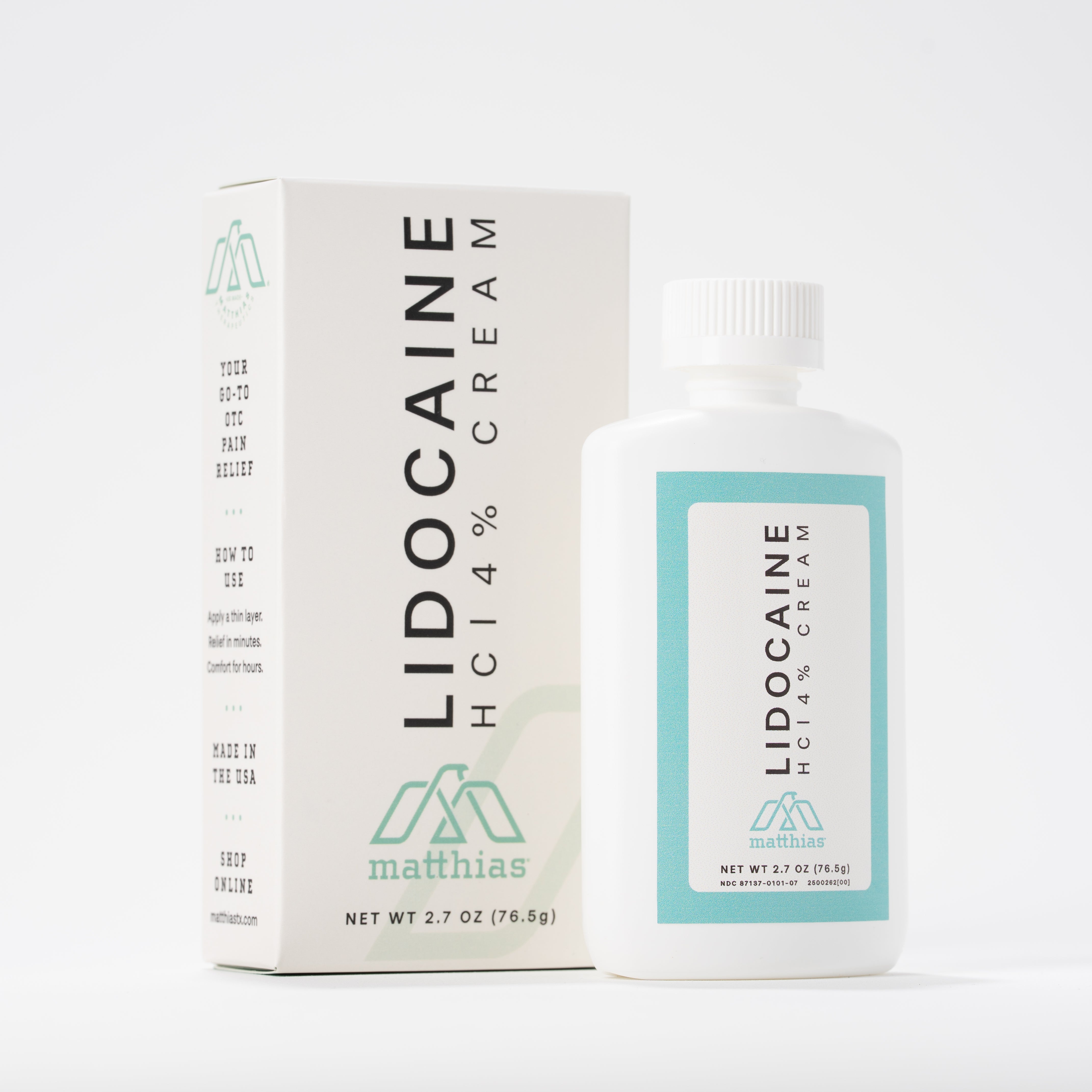 Matthias Lidocaine HCl 4% Cream box and bottle side by side on a white background, with the box's side panel showing marketing copy: "Your go-to OTC pain relief," usage instructions, and "Made in the USA."