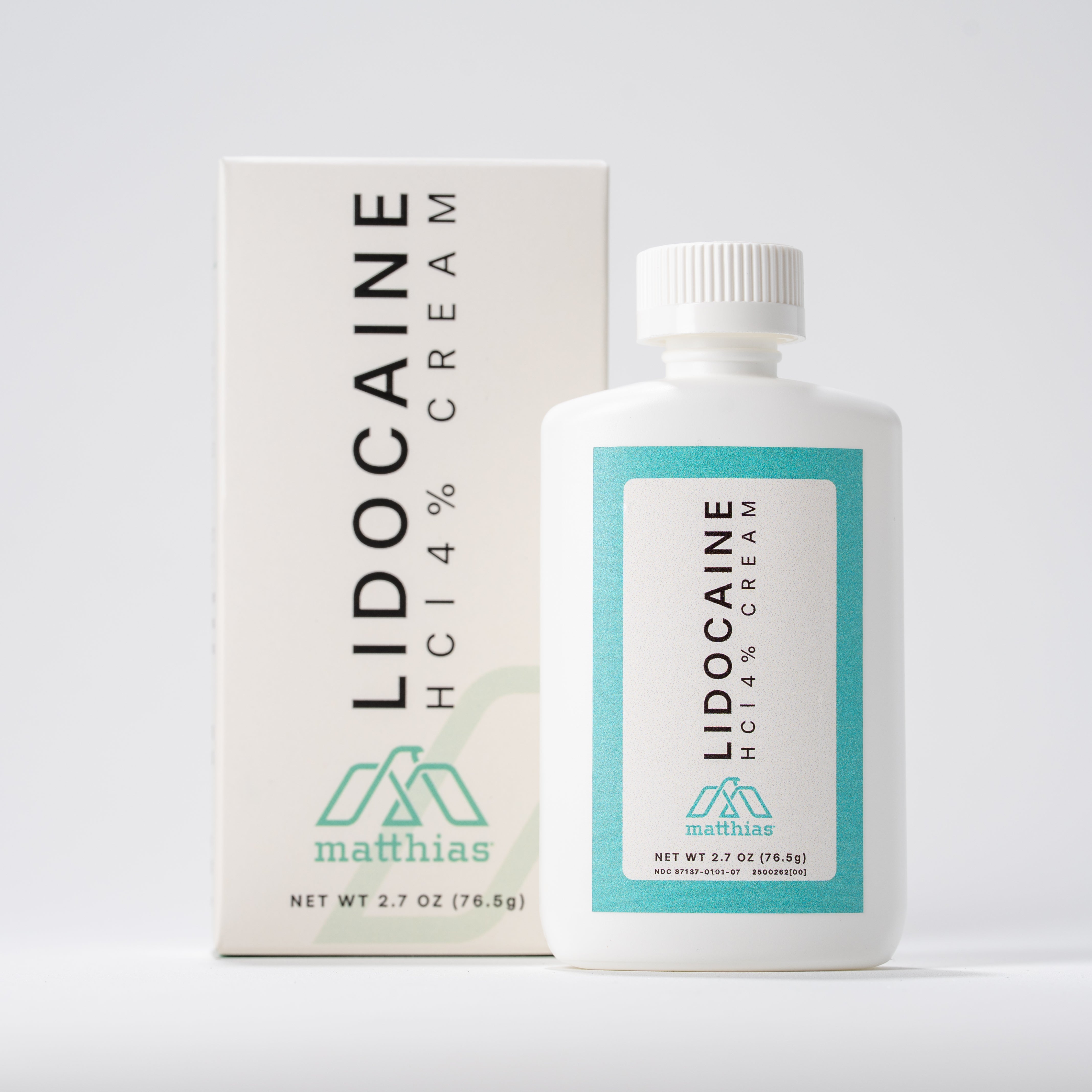 Matthias Lidocaine HCl 4% Cream box and bottle positioned together on a light gray background, front-facing label details clearly visible on both.