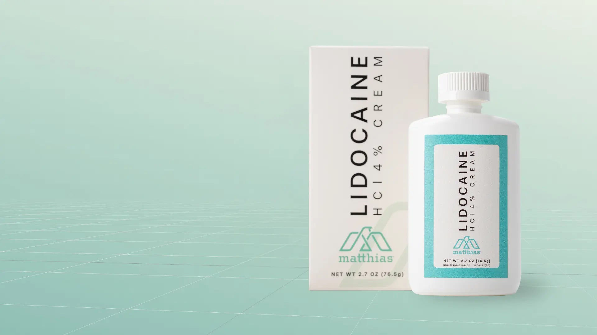 Matthias Lidocaine HCl 4% Cream box and bottle staged together on a teal gradient surface with a subtle grid pattern, set against a black background.